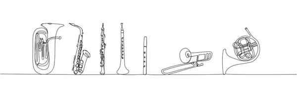 Los Instrumentos Musicales Viento Establecen Una Línea Arte Dibujo Línea — Vector de stock