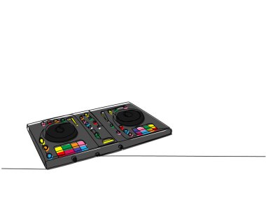 DJ konsolu, klavye bir çizgi renk sanatı. Disk, profesyonel, play, gece hayatı, tekno, dj, müzik, karıştırıcı, konsol, disko, ses kontrolü çizimi.