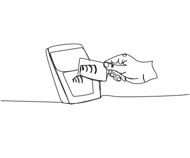 İrtibatsız bilet ücreti, Nakitsiz Ödeme Terminali, Bilet Ödeme Terminali, Bir Satır Sanat. Banka, para, finans, ödeme, veri, ekonomi, kredi çizimi.