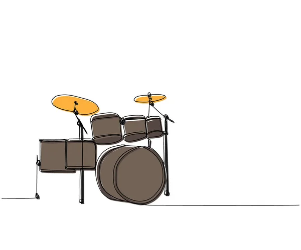ドラムキット1ラインカラーアート プレイ ドラム ドラムスティック キット スティック ヴィンテージ ロック バンド パーカッションベースミュージシャンの連続線画手描きベクトルイラスト — ストックベクタ