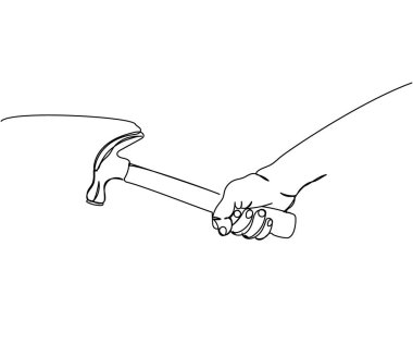 Elde çekiç, vur, tamir et, bir çizgi sanatı parçala. Aralıksız çizgi çizim ekipmanları, endüstri, işçi, donanım, enstrüman, hizmet, atölye, çelik mekanik çizim el çizimi vektör çizimi