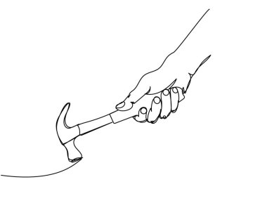 Elde çekiç, vur, tamir et, bir çizgi sanatı parçala. Ekipman, endüstri, marangozluk, metal, işçi, donanım, enstrüman, servis atölyesi çizimi.