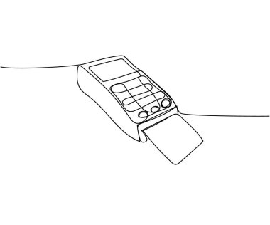 Ödeme terminalinde çip kartı, çip teknolojisi, kredi kartı makinesi bir satır sanat. Banka, para, finans, ödeme, veri, tasarruf, servet, kredi çizimi aralıksız çizgi çizimi