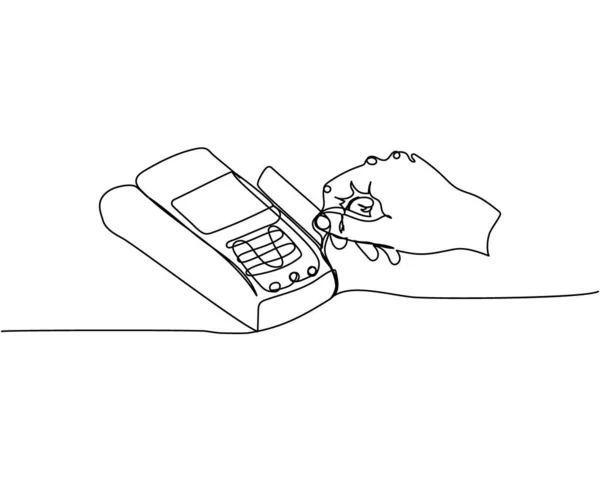 銀行カードでのお支払い 決済端末でのクレジットカード クレジットカード機械1ラインアート 支払い データ 貯蓄を描く連続ライン手描きベクトルイラスト — ストックベクタ