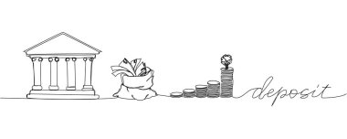Depozito, para çantası, bozuk paralar, bir sıra sanat eseri. Banka, finans, ödeme, veriler, ekonomi, kredi kesintisiz çizimi bir yazıt, harf, el yazısı ile. El çizimi vektör illüstrasyonu
