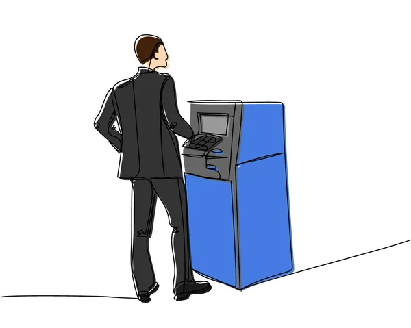 Ein Mann Einem Anzug Hebt Geld Einem Geldautomaten Einem Geldautomaten — Stockvektor