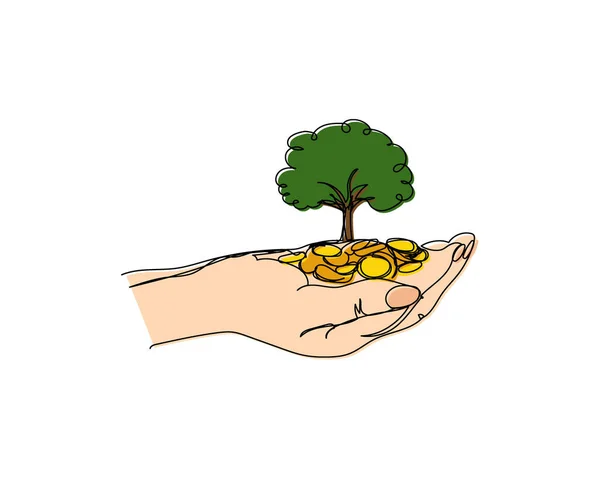 Drzewo Rosnące Stosu Monet Ręku Centów Centów Dolarów Hrywien Kolor — Wektor stockowy