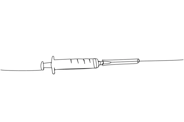 Jeringa Inyección Vacunación Suministros Médicos Equipo Una Línea Arte Dibujo — Vector de stock