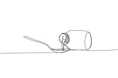 Sıvı ilaç şişesi kaşığa dökülmüş, süspansiyon bir çizgi sanat eseri. Sürekli çizim, tedavi, ilaç, eczacılık, tıbbi, eczacılık, ilaç, terapi çizimi.