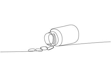 Kavanozda haplar, tablet, ilaç, eczane, kapsül, antibiyotik, aspirin, ilaç bir çizgi sanat. Sürekli tedavi, tıbbi, eczane, terapi, alerji çizimi.