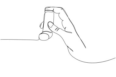 Astım ilacı, astım ilacı, salbutamol, astım spreyi, tıbbi malzemeler, teçhizat bir sanat eseri. Aracın sürekli çizgi çizimi, solunum, akciğer tedavisi El çizimi vektör çizimi