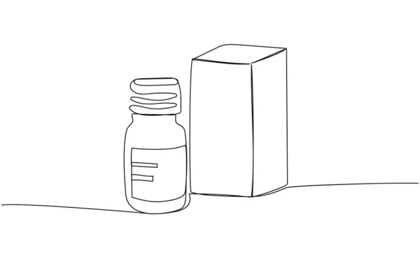 ボトルおよび箱の薬 オイル チンキ タブレットは1ラインアートをタブレットします ヘルスケア ドロップ 医薬品 薬の手描きベクターのイラストの連続的なライン図 — ストックベクタ