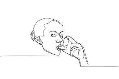 Astım, astım, astım salbutamolü, astım spreyi, tıbbi gereç, ekipman bir çizgi sanatı tedavisinde kullanılır. Aralıksız çizgi çizme aracı, solunum, akciğer tedavisi El çizimi vektör çizimi