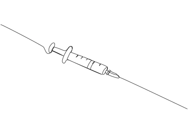 Jeringa Inyección Vacunación Suministros Médicos Equipo Una Línea Arte Línea — Vector de stock