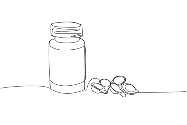 カプセル 抗生物質 アスピリン 薬の1行の芸術の丸薬 アレルギー手描きベクターイラストの連続ライン図 — ストックベクタ