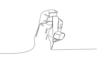 Astım ilacı, astım ilacı, salbutamol, astım spreyi, tıbbi malzemeler, teçhizat bir sanat eseri. Aracın sürekli çizgi çizimi, solunum, akciğer tedavisi El çizimi vektör çizimi