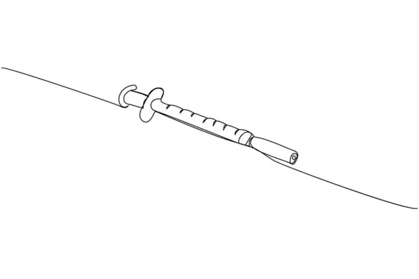 インスリン注射器 ワクチン接種 医療用品 機器1ラインアート 使い捨て可能な パンデミック手描きベクターのイラストの連続的なライン図 — ストックベクタ