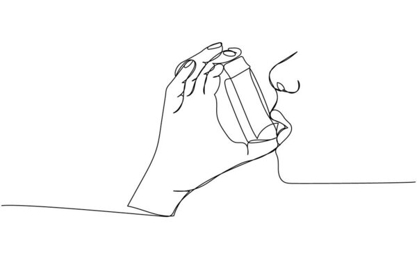 Использование ингаляторов для лечения астмы, астматического сальбутамола, ингалятора астмы, медикаментов, оборудования одной линии искусства. Инструмент непрерывного рисования, ингаляция, обработка легких