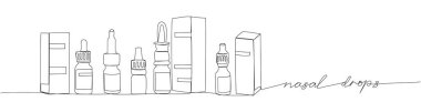 Şişeye pipetle düşer, burun spreyi bir çizgi sanatı. Sürekli tedavi, ilaç tedavisi, terapi, ilaç, alerji, reçete, sprey, alerji. El çizimi vektör illüstrasyonu