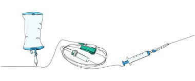 Tıbbi Bırakıcı seti, Tuz Şişe, kateter, iğne, atlama sayacı, tıbbi malzemeler bir çizgi renk sanatı. Sürekli tek kullanımlık çizimler, anestezi, cerrahi El çizimi vektör çizimi