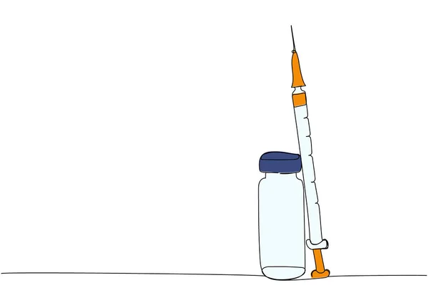 注射針 ワクチン ワクチン グルコース オイルワンラインカラーアートを備えた医薬品アンプル 連続的なライン引く処置薬局 アレルギー手描かれたベクターのイラスト — ストックベクタ