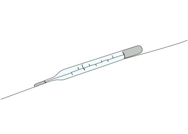 Merkür termometresi, tıbbi malzemeler, teçhizat bir çizgi renk sanatı. İlaç, iğne, sağlık hizmetleri, klinik, sıcaklık, ateş, sağlıklı el çizimi çizimleri.