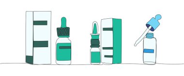 Burun spreyi seti. Şişeye pipetle bir çizgi renkli resim bırakıyor. Sürekli tedavi, ilaç tedavisi, ilaç, enfeksiyon, rhinitis, sinüs çizgileri. El çizimi vektör illüstrasyonu