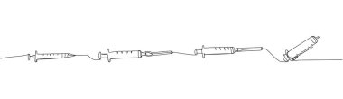 Şırınga hazır. Enjeksiyon, aşı, tıbbi malzemeler, teçhizat tek sıra sanat. Sürekli ilaç çizimi, iğne, sağlık, klinik, tek kullanımlık, el çizimi vektör illüstrasyonu