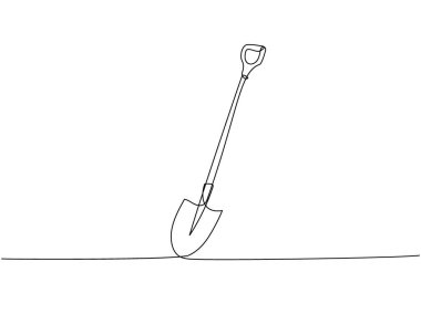 Kürek, kazı, inşaat, bir çizgi sanatı temizlemek. Tamir, profesyonellik, el, insanlar, konsept, bakım, el çizilmiş vektör illüstrasyonunun sürekli çizimi