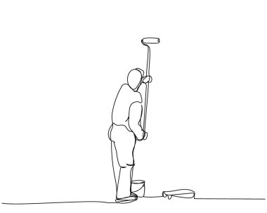 Ressam, uzun saplı bir silindirle duvar boyar. Üniformalı bir sanat eseri işçisi. Sürekli onarım, profesyonellik, insanlar, destek, bakım. El çizimi vektör illüstrasyonu