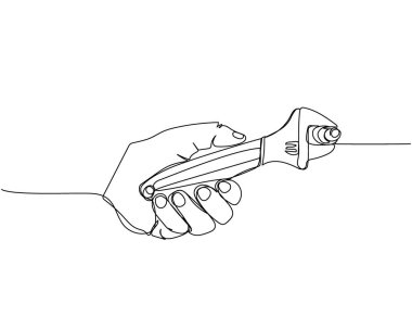 Elinde anahtarla, İngiliz anahtarı, ayarlanabilir anahtarlar bir çizgi sanatı. Sürekli onarım, profesyonellik, el, insanlar, konsept, destek, bakım. El çizimi vektör illüstrasyonu