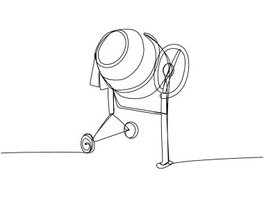 Taşınabilir beton karıştırıcı, elektrikli beton karıştırıcı, çimento karıştırıcı bir çizgi sanat. Sürekli onarım, profesyonellik, el, insanlar, destek, bakım. El çizimi vektör illüstrasyonu