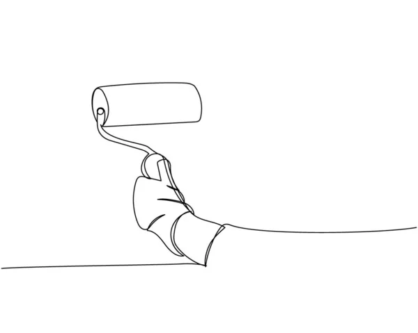 Ролик Краски Руке Защитные Перчатки Ремонта Одной Линии Искусства Непрерывный — стоковый вектор
