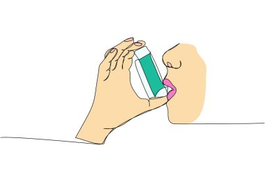 Astım, astım, astım salbutamolü, astım spreyi, tıbbi gereçler, tek sıra renk sanatını tedavi etmek için astım ilacı kullanıyor. Sürekli çizim, solunum, akciğer tedavisi el çizimi vektör çizimi
