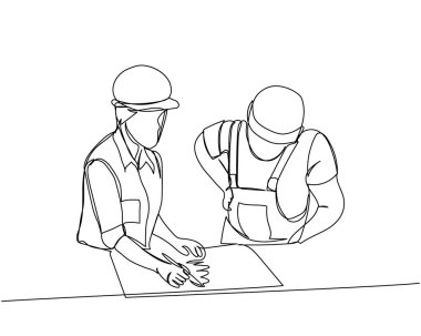 Üniformalı bir inşaat mühendisi ve sağlam bir şapkayla planlara bakıyor. Güvenlik çizgisi bir sanat eseri. Sürekli onarım, insan, konsept, destek, bakım. El çizimi vektör illüstrasyonu