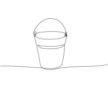 Kova, leğen, inşaat, bir sıra sanatı temizlemek. Tamir, profesyonellik, el, insanlar, konsept, bakım, el çizilmiş vektör illüstrasyonunun sürekli çizimi