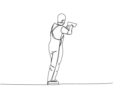 Duvarları asmak, duvarları yıkmak, üniformalı işçi, spatula, çelik mala, sanat eseri. Tamir, el, insanlar, konsept, destek, bakım. El çizimi vektör illüstrasyonu