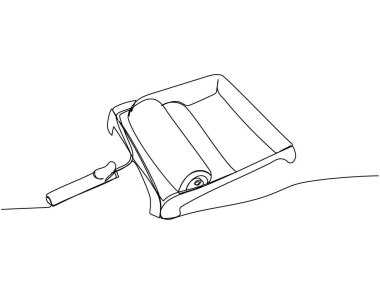 Boya silindiri ve boya tepsisi bir çizgi sanatı. Tamir, profesyonellik, hizmet, konsept, destek, bakım, iş, teknisyenlik. El çizimi vektör illüstrasyonu