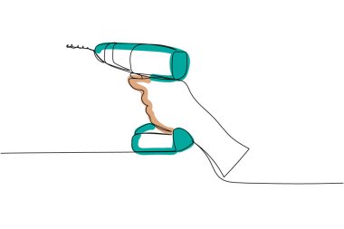 Elde tornavida, matkap, vidaları sıkmak, duvarda bir çizgi sanata delik açmak. Tamir, profesyonellik, el, insanlar, bakım gibi kesintisiz çizgiler. El çizimi vektör illüstrasyonu