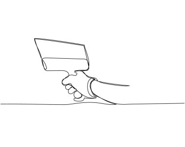 Elindeki alçı için büyük bir spatula, koruyucu eldivenler bir çizgi sanat. Sürekli onarım, profesyonellik, el, insanlar, konsept, destek, bakım. El çizimi vektör illüstrasyonu