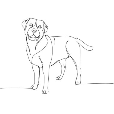 Labrador Retriever cinsi, yoldaş köpek, av köpeği bir çizgi sanatı. Arkadaş, köpek, köpek, köpek, arkadaşlık, ilgi, evcil hayvan, hayvan, aile, köpek çizimleri devam ediyor. El çizimi vektör illüstrasyonu