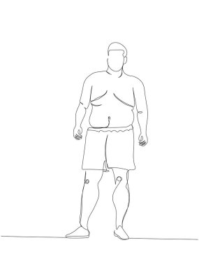 Çıplak göğüslü ve şortlu obez bir sanat eseri. Sürekli vücut çizimi pozitif, aşırı kilolu, artı boyut modeli, XL, sağlık, moda, kendini kabullenme. El çizimi vektör illüstrasyonu