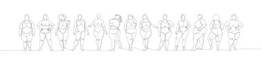 Artı boy modeller, obez kadınlar, kalın bir çizgi sanat. Sürekli vücut çizimi pozitif, aşırı kilolu, artı boyut modeli, XL, sağlık, moda, kendini kabullenme. El çizimi vektör illüstrasyonu
