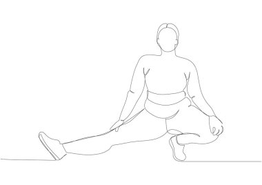 Kilolu bir kadın spor yapıyor, bir çizgi sanatı sergiliyor. Sürekli vücut çizimi pozitif, aşırı kilolu, artı boyut modeli, XL, sağlık, moda, kendini kabullenme. El çizimi vektör illüstrasyonu