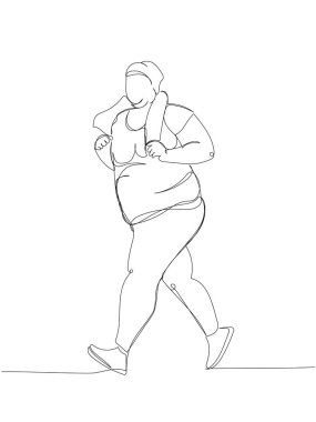 Kilolu bir kadın spor yapıyor, tek satırlık sanat yapıyor. Sürekli vücut çizimi pozitif, aşırı kilolu, artı boyut modeli, XL, sağlık, moda, kendini kabullenme. El çizimi vektör illüstrasyonu