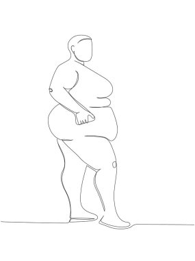 Aşırı obez bir kadın bir çizgi sanat eseri. Sürekli vücut çizimi pozitif, aşırı kilolu, artı boyut modeli, XL, sağlık, moda, kendini kabullenme. El çizimi vektör illüstrasyonu