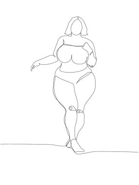 Mayolu şişman kız bir satır sanat eseri. Sürekli vücut çizimi pozitif, aşırı kilolu, artı boyut modeli, XL, sağlık, moda, kendini kabullenme. El çizimi vektör illüstrasyonu