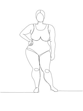 Tek parça mayo giymiş şişman bir kız. Sürekli vücut çizimi pozitif, aşırı kilolu, artı boyut modeli, XL, sağlık, moda, kendini kabullenme. El çizimi vektör illüstrasyonu