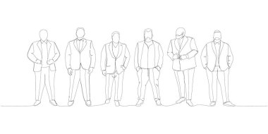 Vücut pozitifliği, takım elbiseli kıvrımlı adamlar, artı beden, XL modelleri bir çizgi sanat. Sürekli vücut çizimi pozitif, aşırı kilolu, artı boyut modeli, XL, kendini kabullenme. El çizimi vektör illüstrasyonu