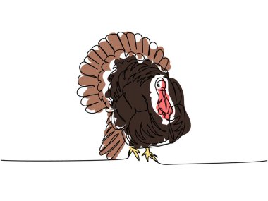 Hindi, kümes hayvanları, kuş bir çizgi renk, renkli sanat. Sürekli çiftlik, doğa, tarım, çiftlik hayvanları, kırsal yaşam ve çiftlik çizimleri. El çizimi vektör illüstrasyonu